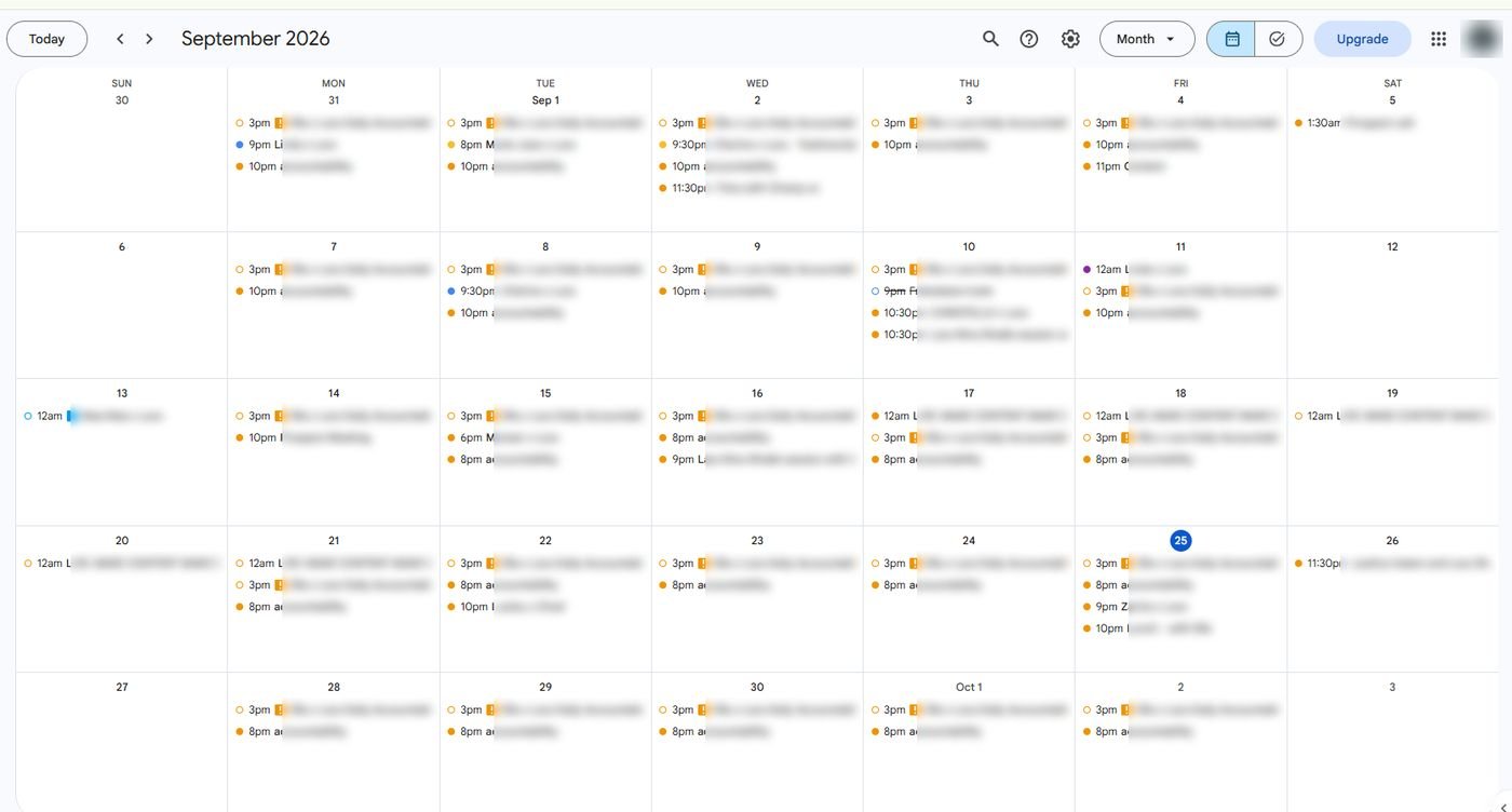 Monthly calendar for a content creator with names blurred
