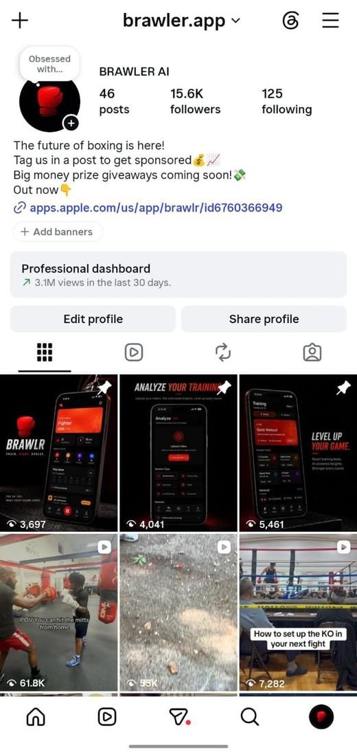 Instagram profile of a boxing app with 15.6K followers